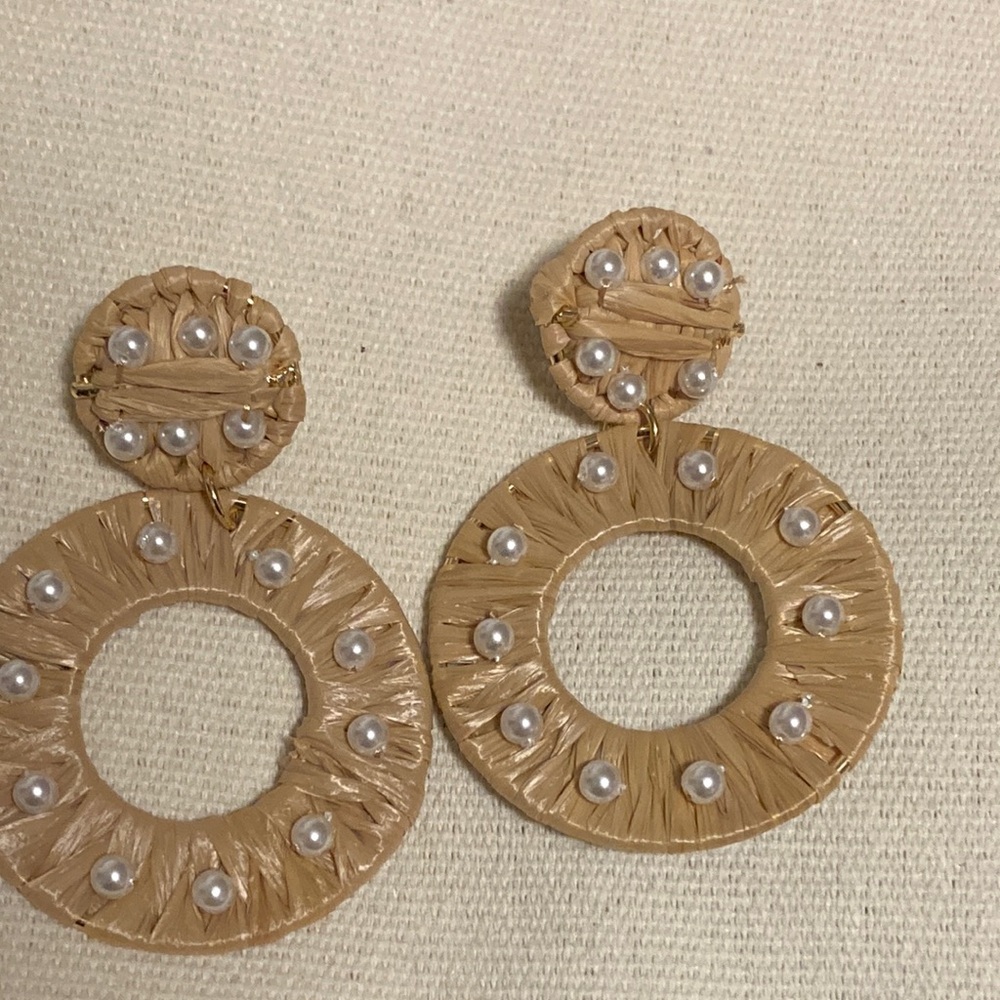 Chic Tan and White Pearl Hoop Earrings